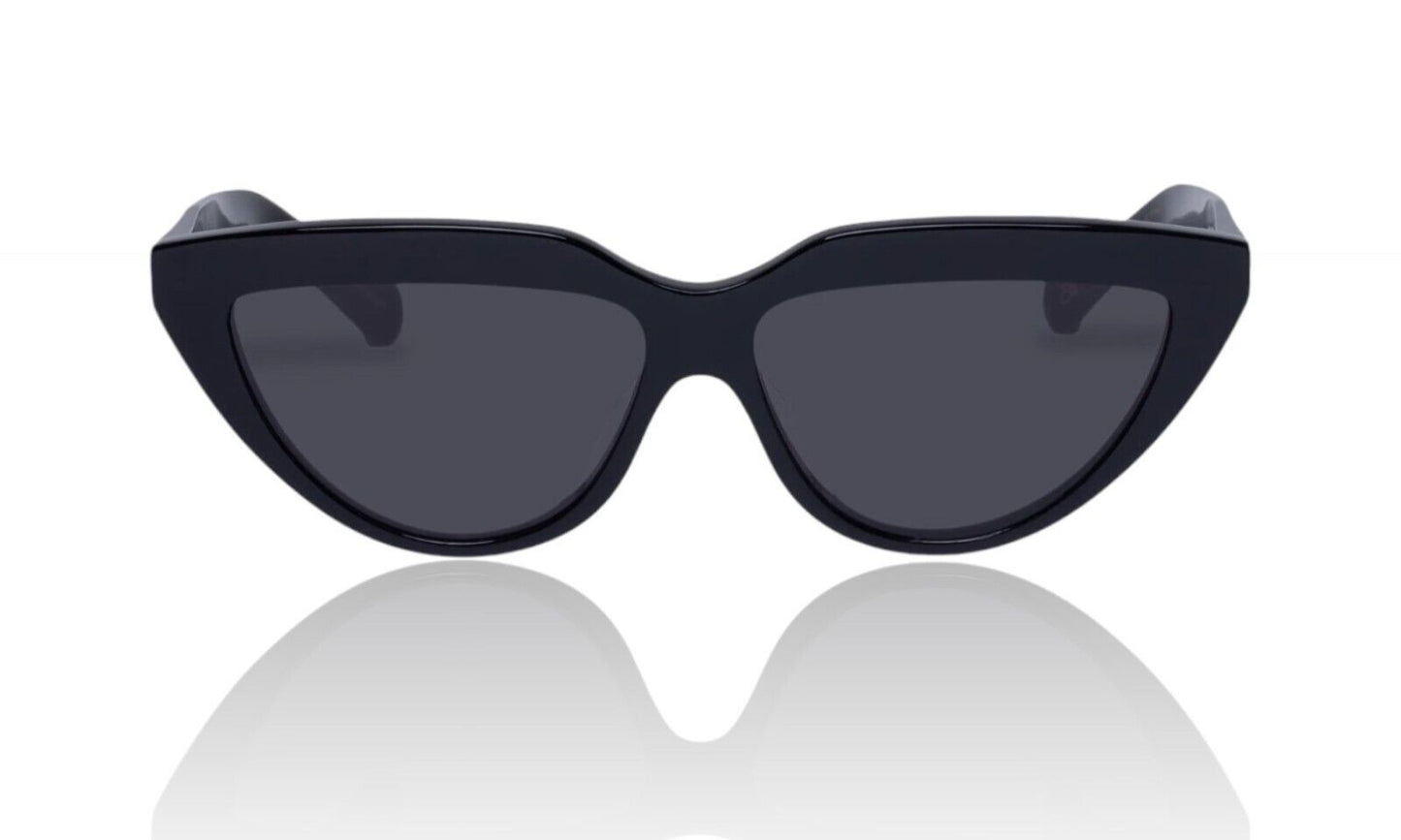 Naked Pear Karen Walker Lash Splash black cat-eye sunglasses with grey mono lenses and signature arrow temple hardware.