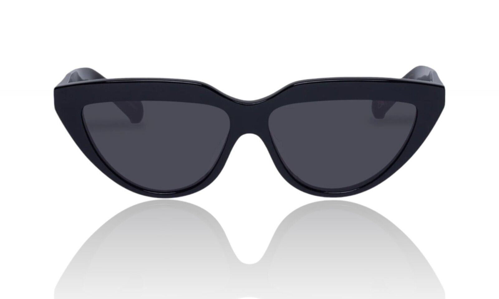 Naked Pear Karen Walker Lash Splash black cat-eye sunglasses with grey mono lenses and signature arrow temple hardware.