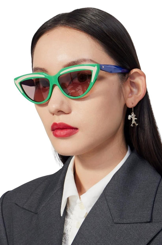 Naked Pear Karen Walker Lash Splash cat-eye sunglasses in grasshopper green and purple bio-acetate with grey lenses