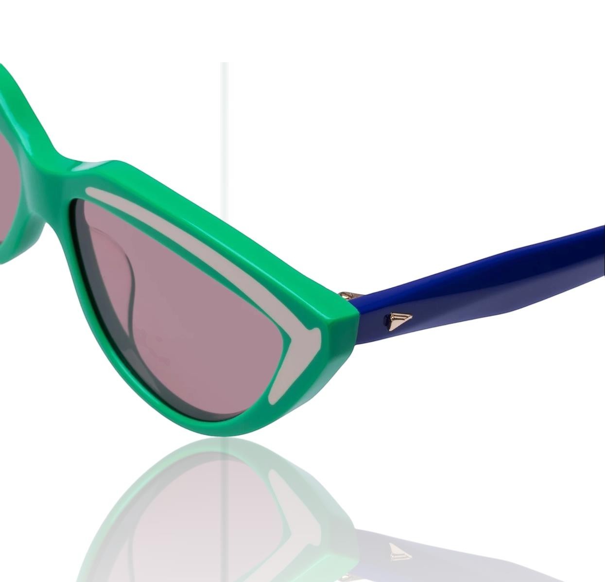 Naked Pear Karen Walker Lash Splash cat-eye sunglasses in bright green bio-acetate with purple arms and grey lenses.