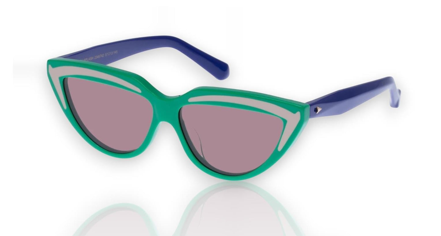 Naked Pear Karen Walker Lash Splash cat-eye sunglasses in green bio-acetate with purple arms and grey lenses.