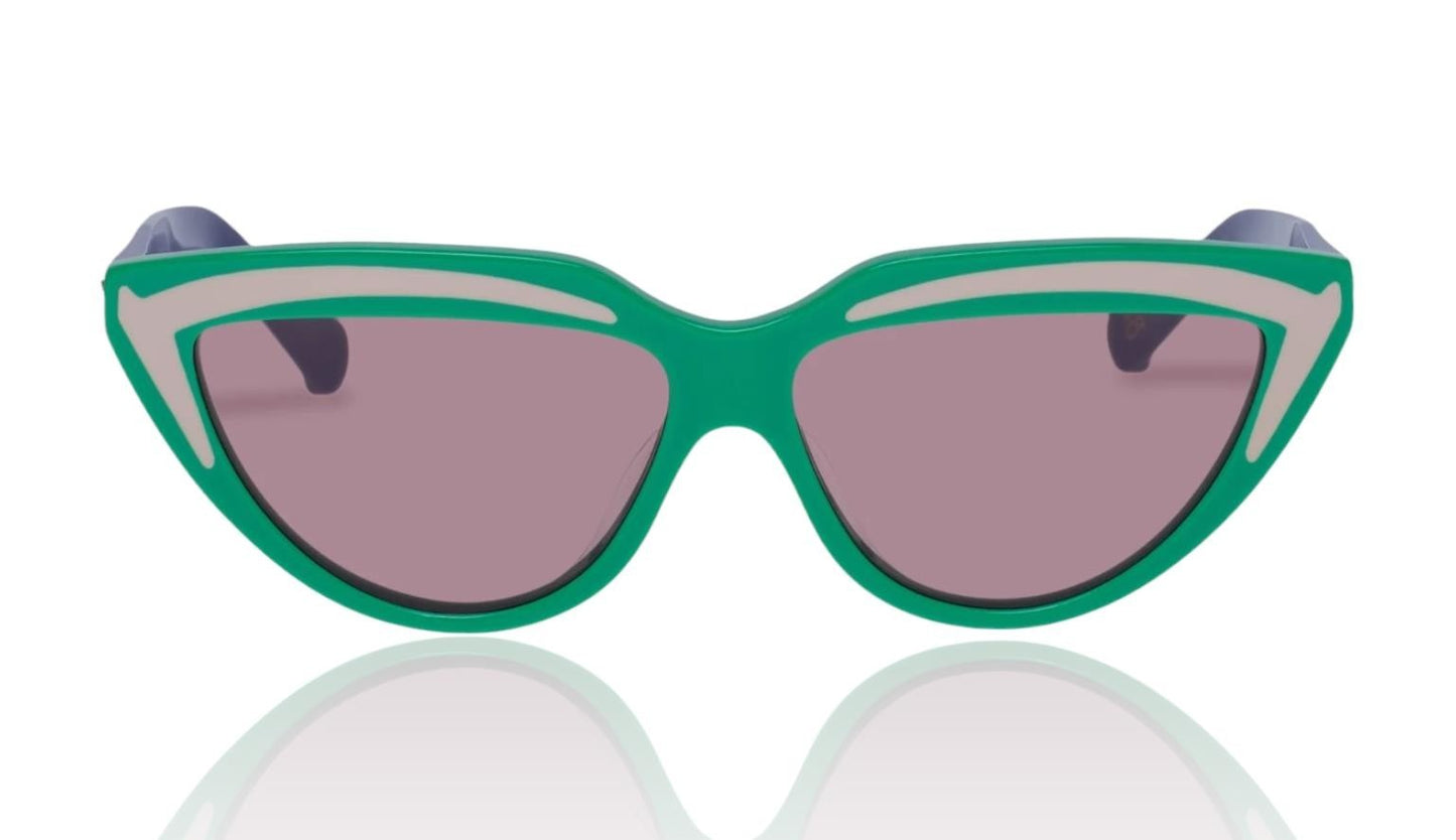 Naked Pear Karen Walker Lash Splash cat-eye sunglasses in grasshopper green bio-acetate with purple laminate accents.