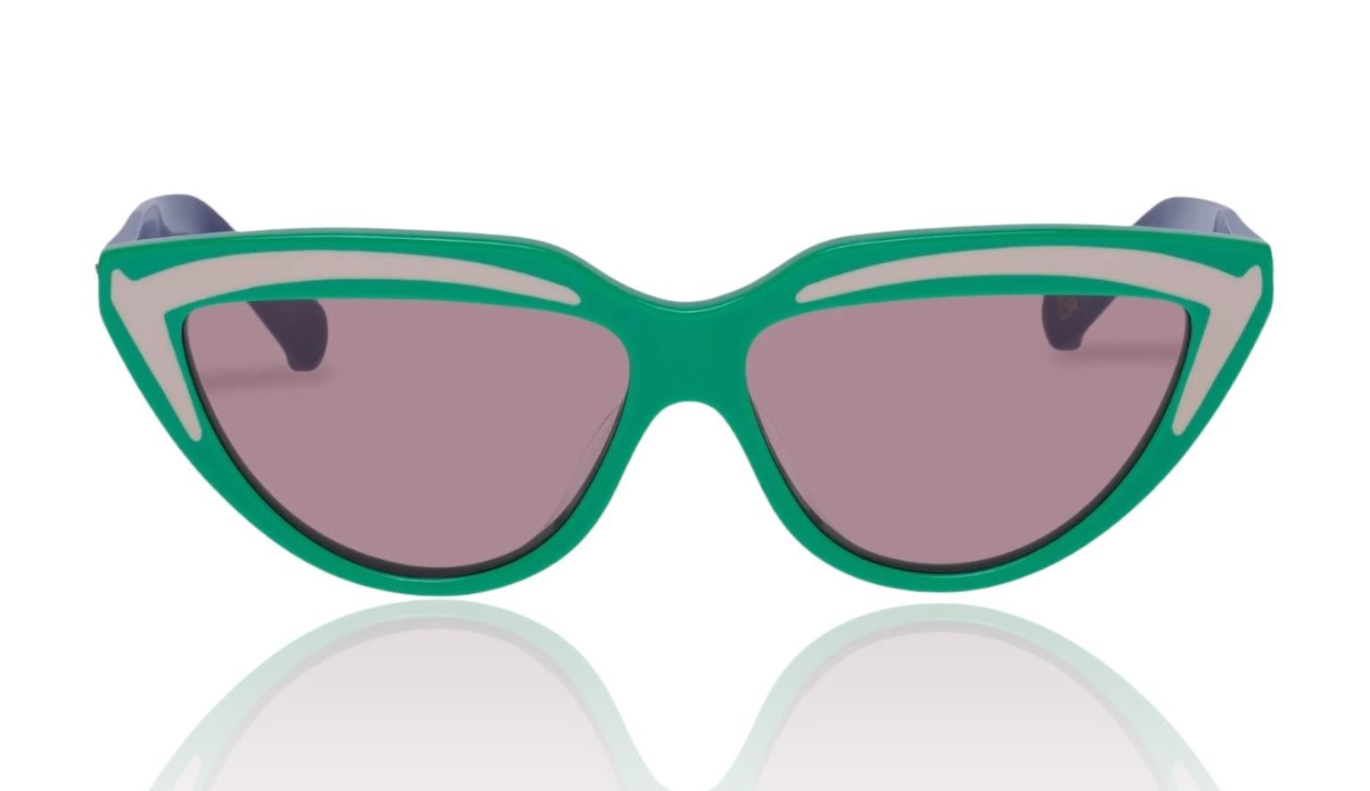 Naked Pear Karen Walker Lash Splash cat-eye sunglasses in grasshopper green bio-acetate with purple laminate accents.