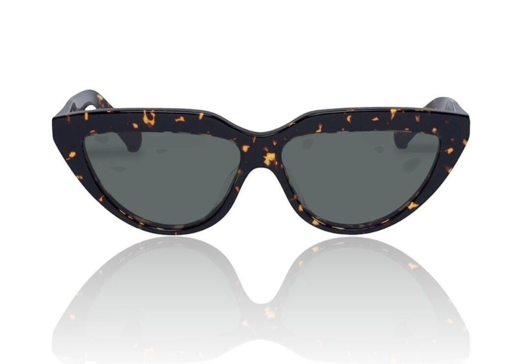 Naked Pear Karen Walker Lash Splash cat-eye sunglasses in cracked tortoise shell bio-acetate with grass green lenses.