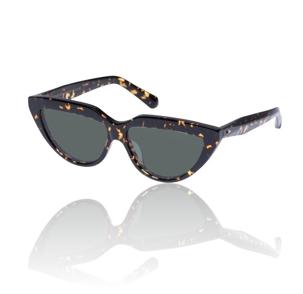 Naked Pear Karen Walker Lash Splash cat-eye sunglasses in cracked tortoise shell bio-acetate with grass green lenses.