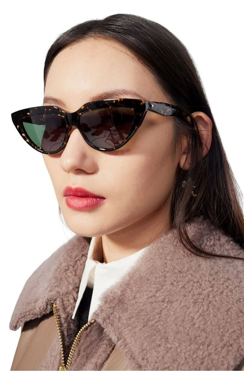 Naked Pear Karen Walker Lash Splash cat-eye sunglasses in cracked tortoise shell bio-acetate with grass green lenses