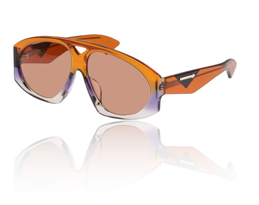 Naked Pear Karen Walker Marquise aviator sunglasses in sunset acetate with persimmon lenses and purple side detail.