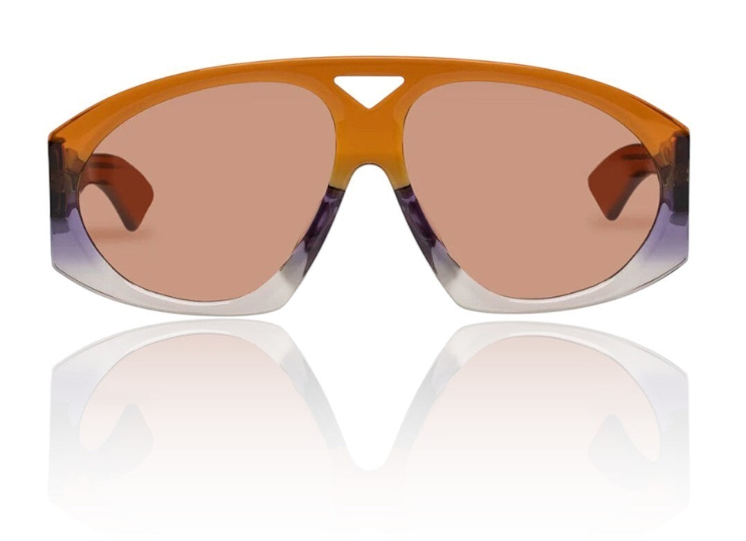 Naked Pear Karen Walker Marquise aviator sunglasses in sunset acetate with persimmon lenses and purple spliced arms.