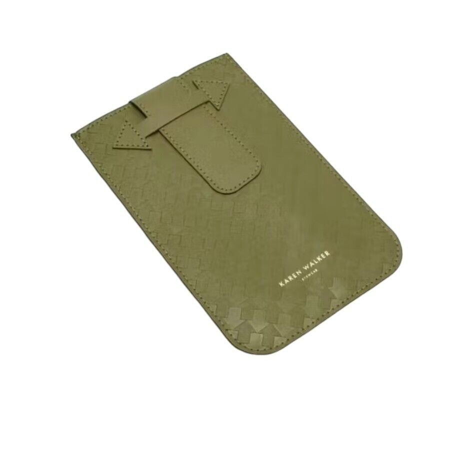 Naked Pear Karen Walker green protective sunglasses pouch with signature arrow pattern and embossed logo