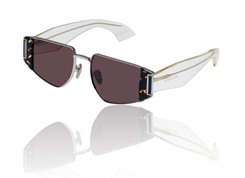 Naked Pear Karen Walker Nix sunglasses featuring a geometric metal and clear acetate frame with brown mono lenses.