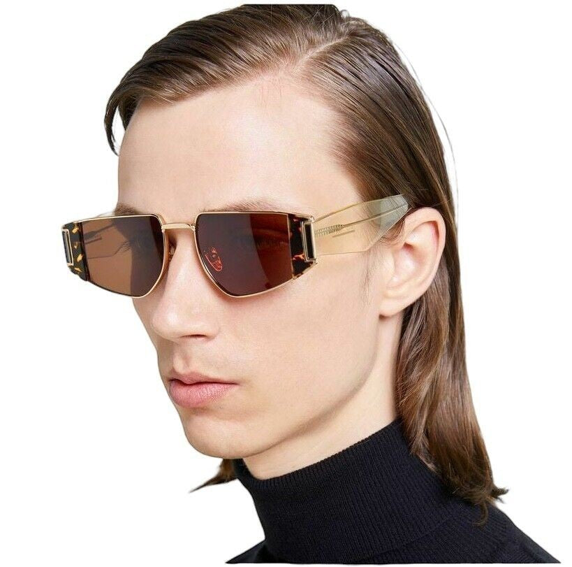 Naked Pear Karen Walker Nix sunglasses featuring a geometric metal and acetate frame with brown mono lenses on a model
