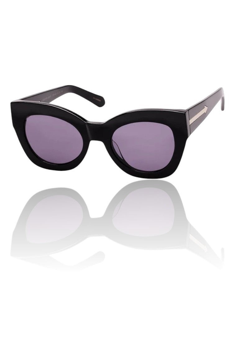 Naked Pear Karen Walker Northern Lights cat eye sunglasses in black acetate with grey mono lenses and gold arrow detail