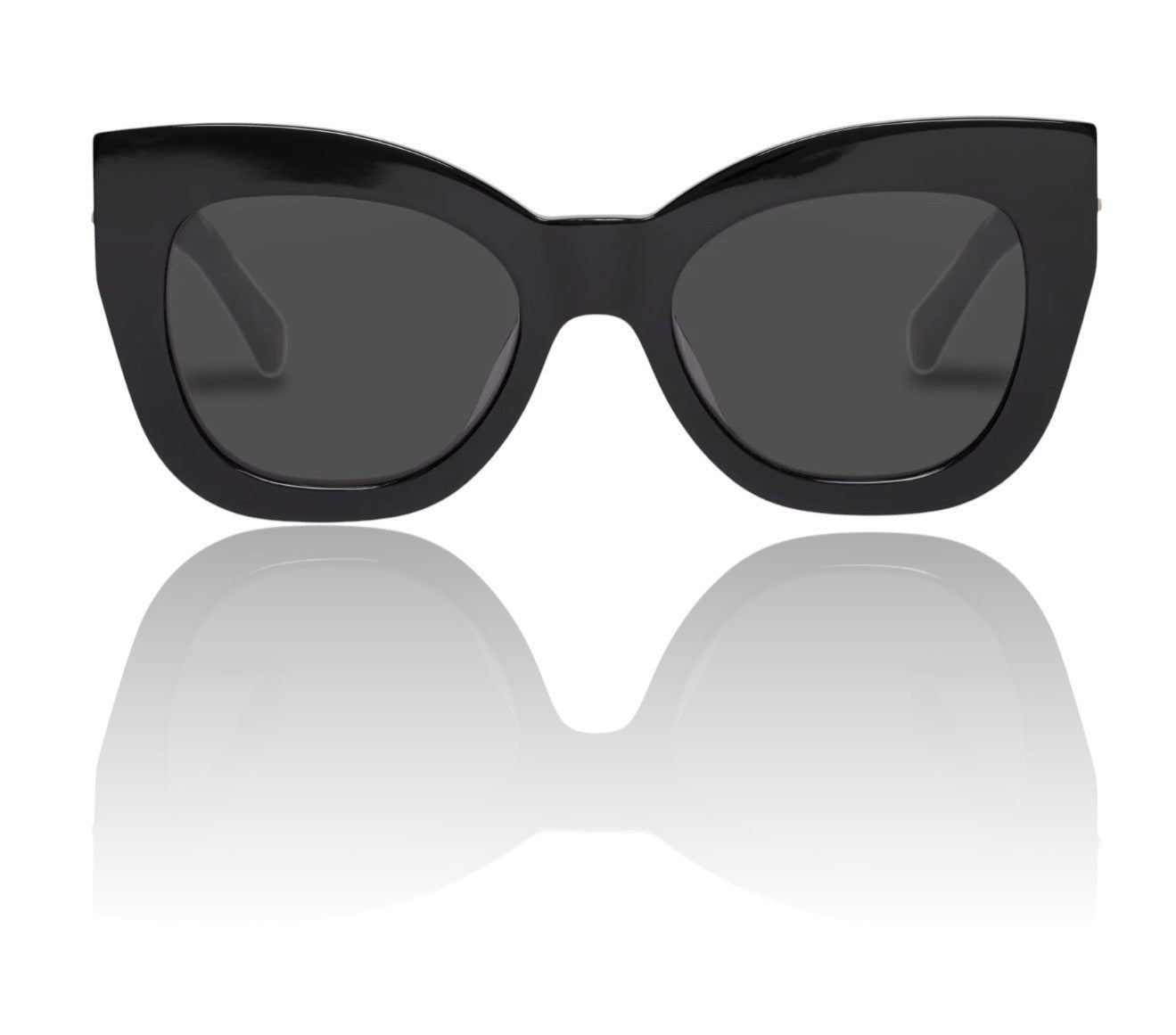 Naked Pear Karen Walker Northern Lights oversized black acetate cat-eye sunglasses with grey mono lenses.