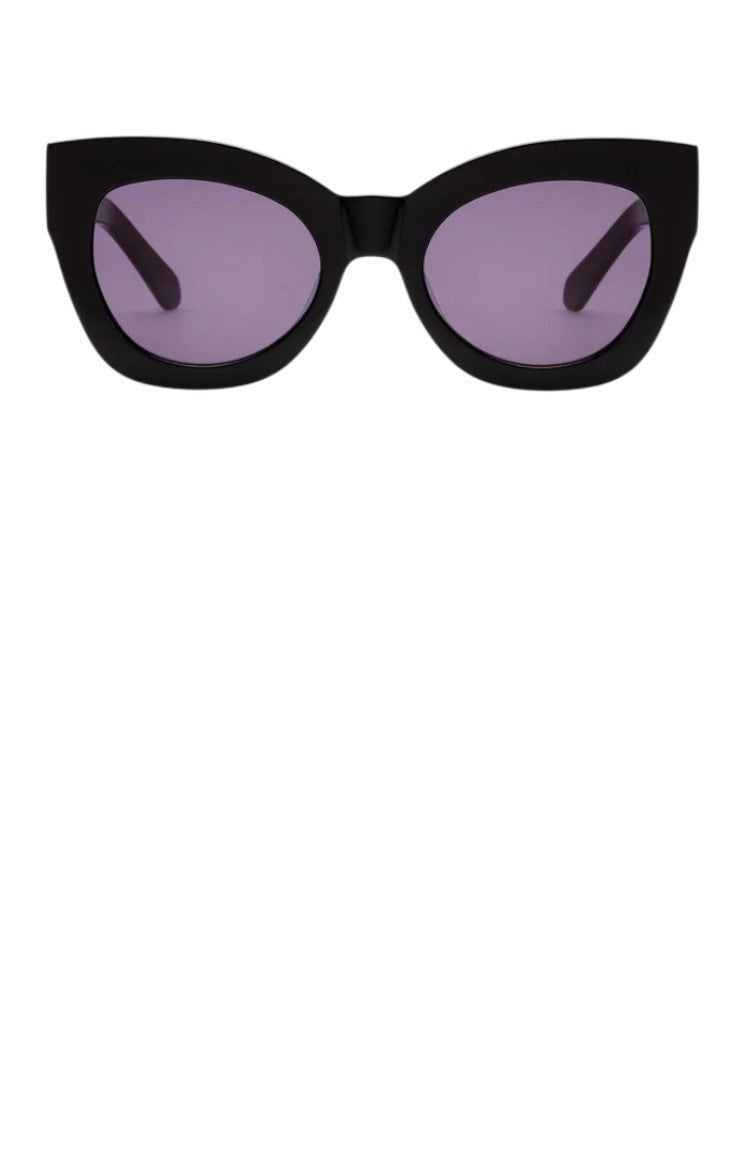 Naked Pear Karen Walker Northern Lights oversized black cat eye sunglasses with grey mono lenses and gold temple detail.