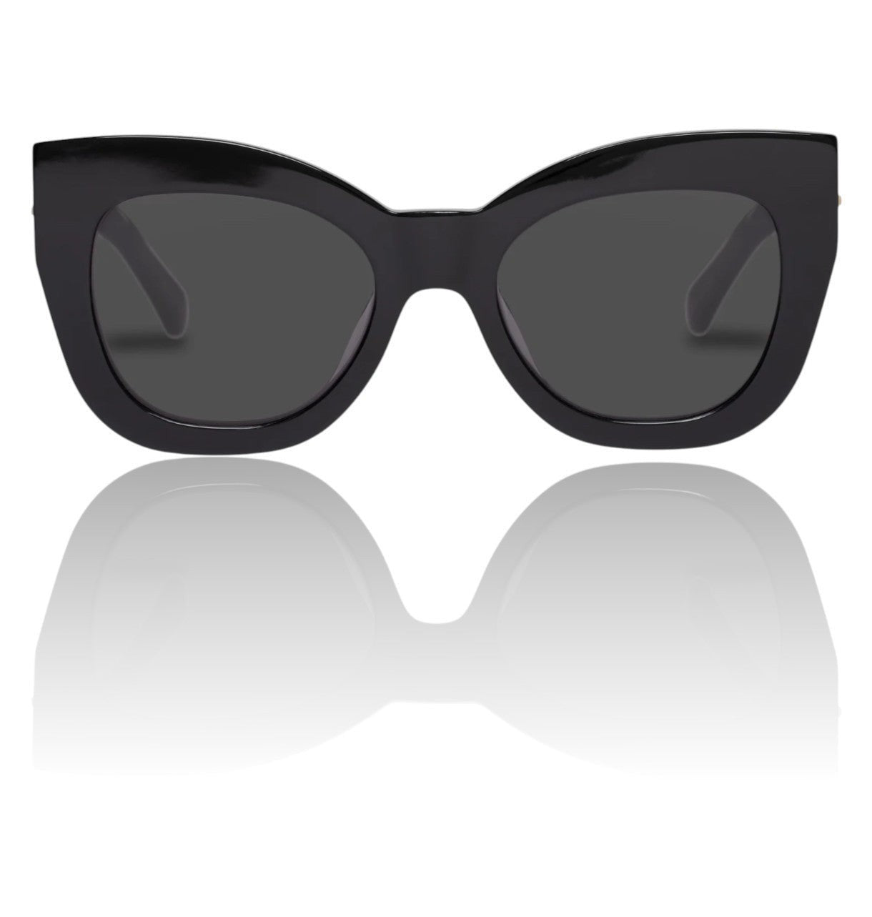 Naked Pear Karen Walker Northern Lights oversized black acetate cat-eye sunglasses with grey mono lenses.