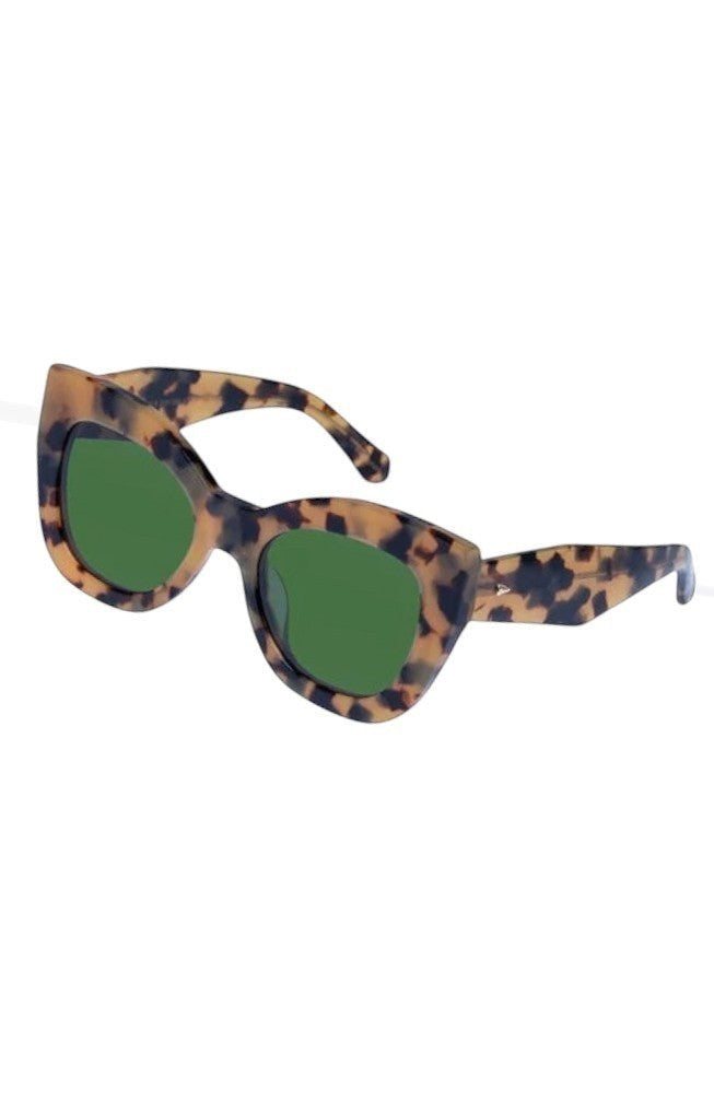Naked Pear Karen Walker Northern Lights cat-eye sunglasses in tortoise shell acetate with vibrant green lenses.