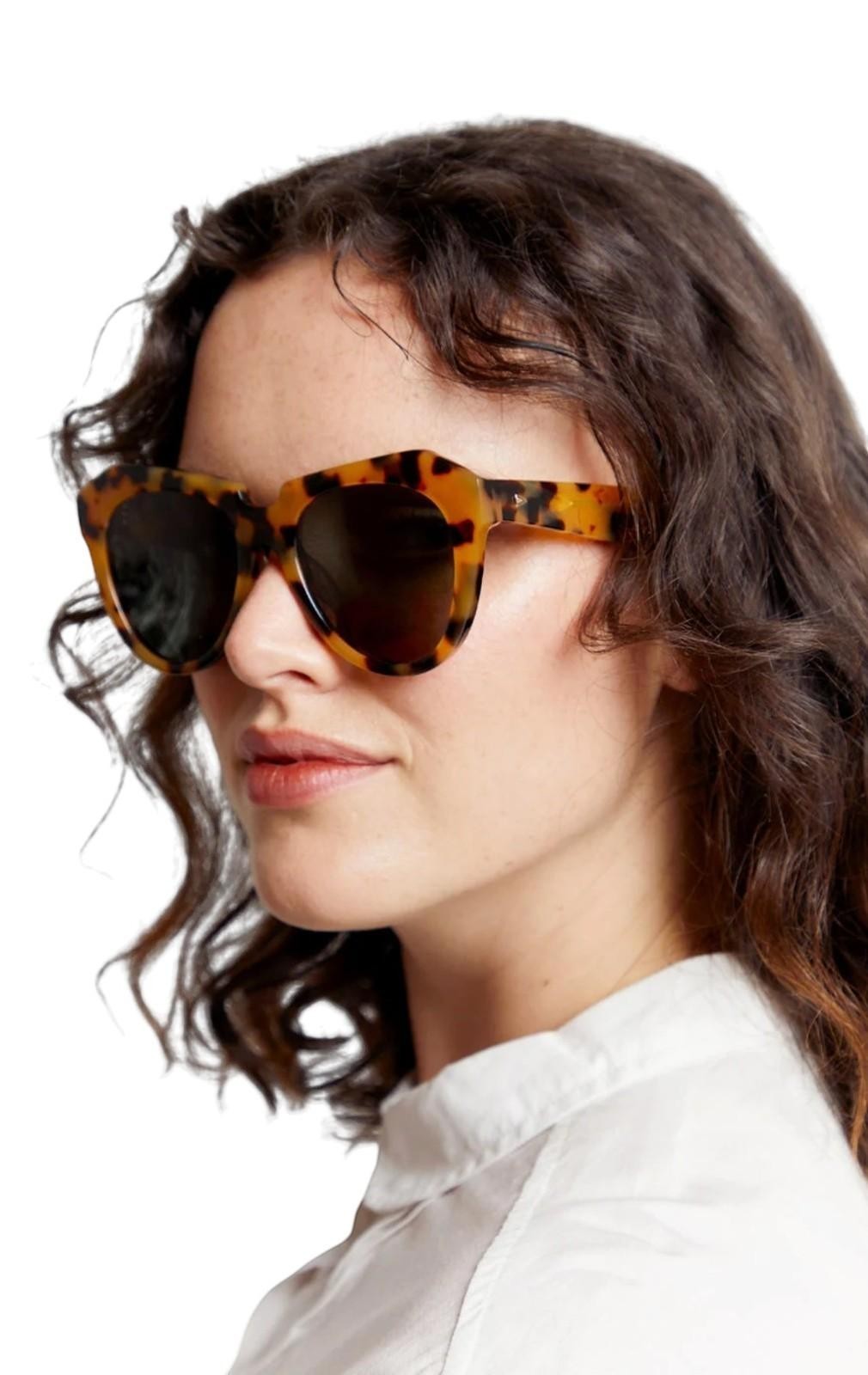 Naked Pear Karen Walker Number One cat-eye sunglasses in crazy tortoise shell bio-acetate with grey smoke lenses.
