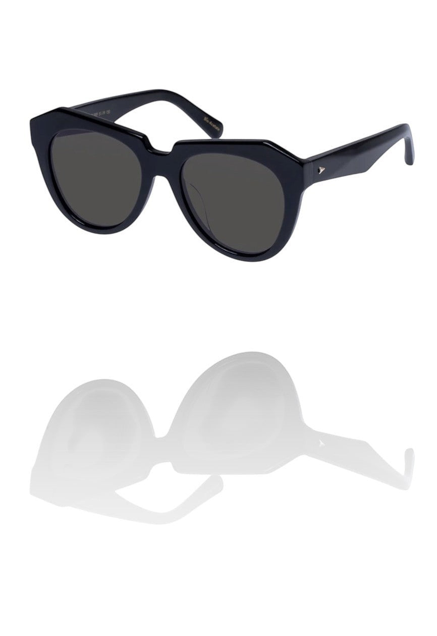 Naked Pear Karen Walker Number One black bio-acetate cat-eye sunglasses with grey smoke mono lenses and arrow hardware.