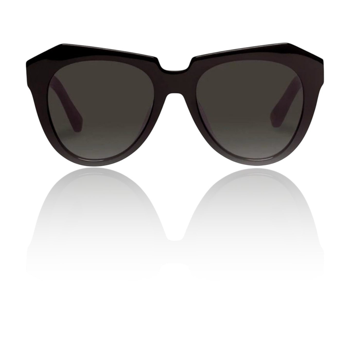 Naked Pear Karen Walker Number One black bio-acetate cat-eye sunglasses with grey smoke mono lenses.