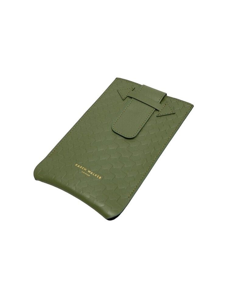 Naked Pear Karen Walker olive green woven leather sunglasses case with a secure flap closure