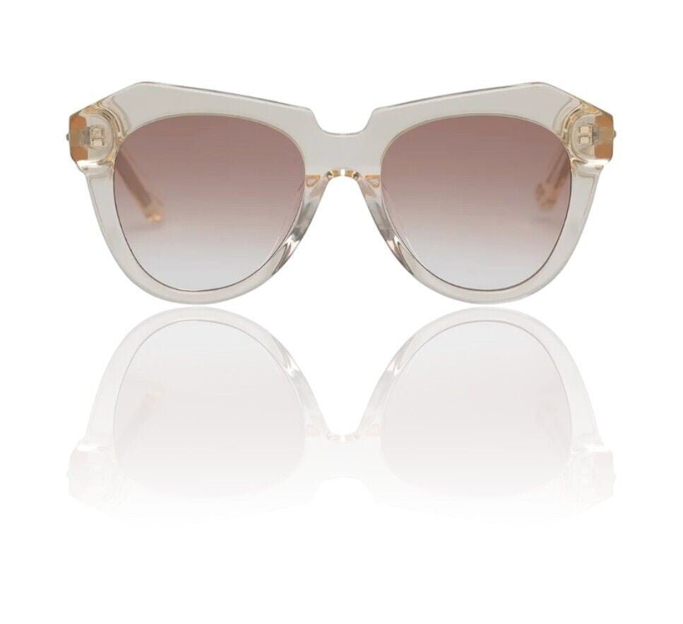 Naked Pear Karen Walker Number One cat-eye sunglasses in vintage clear bio-acetate with soft brown gradient lenses.