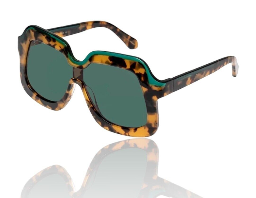 Naked Pear Karen Walker Overdaze sunglasses in crazy tortoise shell acetate with emerald green lenses and retro frame.