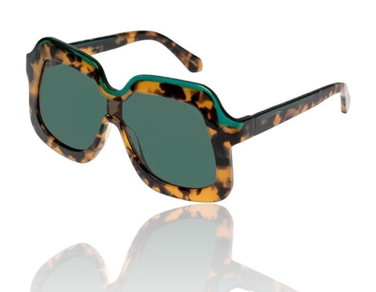 Naked Pear Karen Walker Overdaze sunglasses in crazy tortoise shell acetate with emerald green lenses and retro frame.