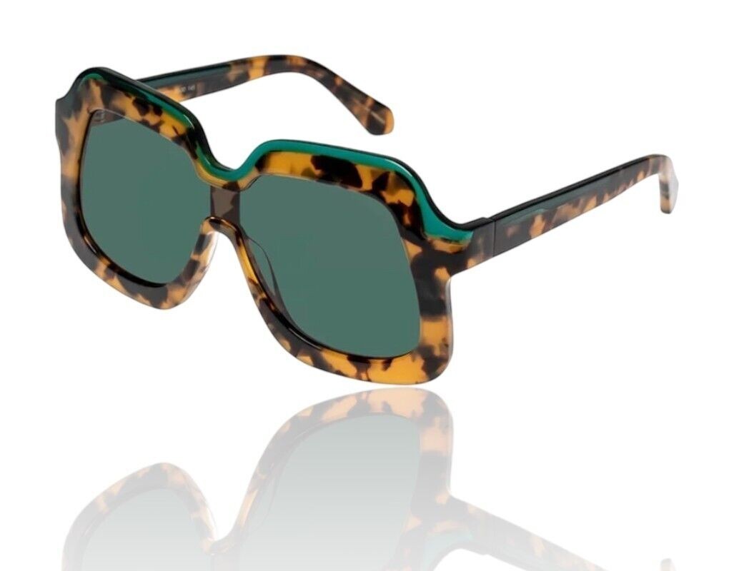 Naked Pear Karen Walker Overdaze sunglasses in crazy tortoise shell acetate with green lenses and emerald accents.