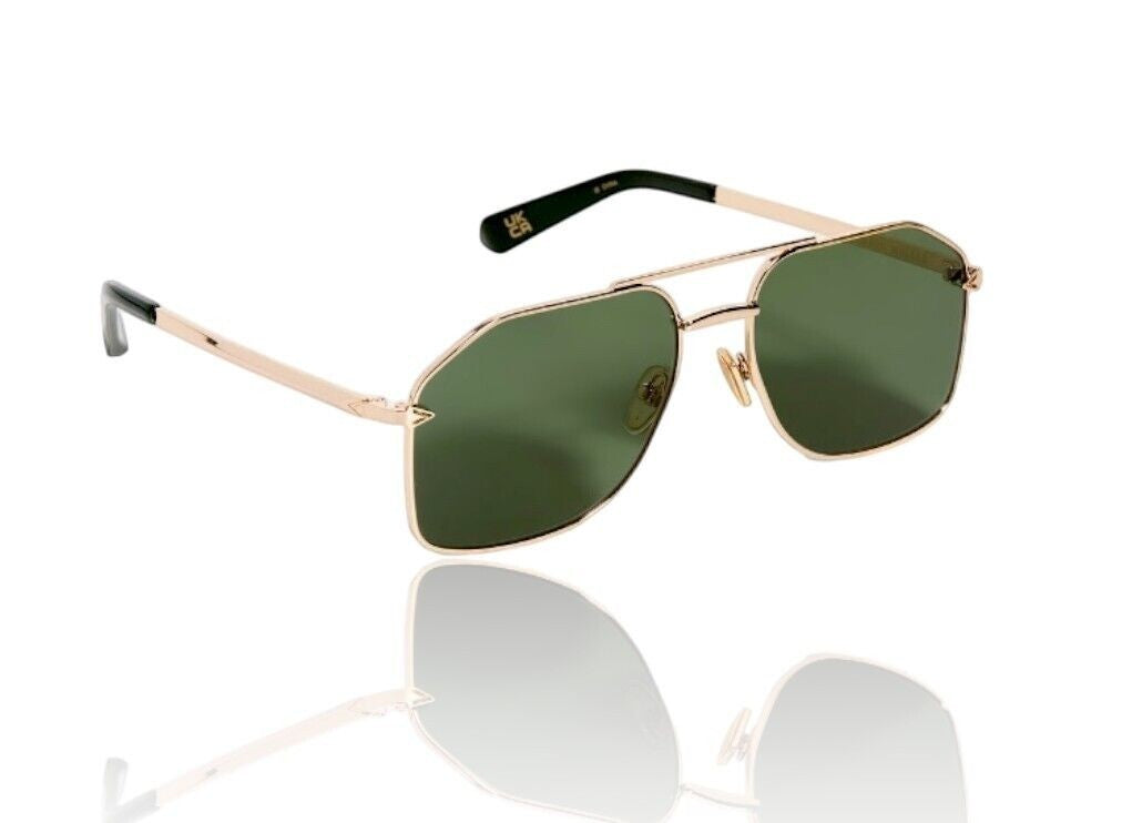 Naked Pear Karen Walker Pampel aviator sunglasses with polished gold metal frames and vibrant grass-green lenses.