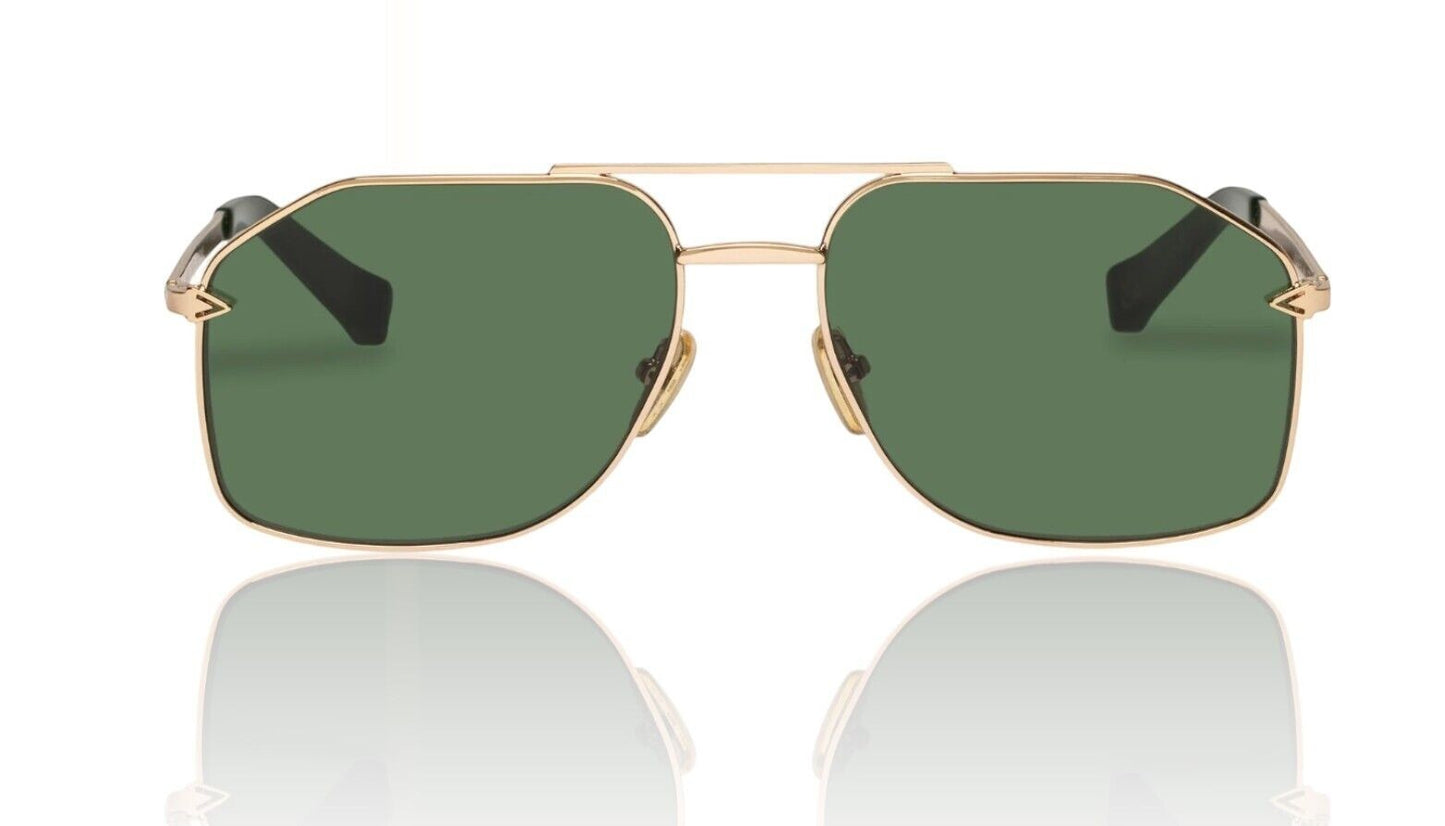 Naked Pear Karen Walker Pampel aviator sunglasses with gold metal frames and grass-green lenses.