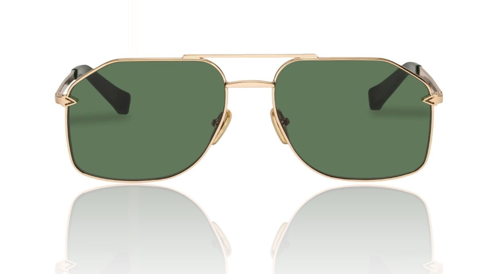Naked Pear Karen Walker Pampel aviator sunglasses with gold metal frames and grass-green lenses.