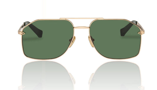 Naked Pear Karen Walker Pampel aviator sunglasses with gold metal frames and grass-green lenses.