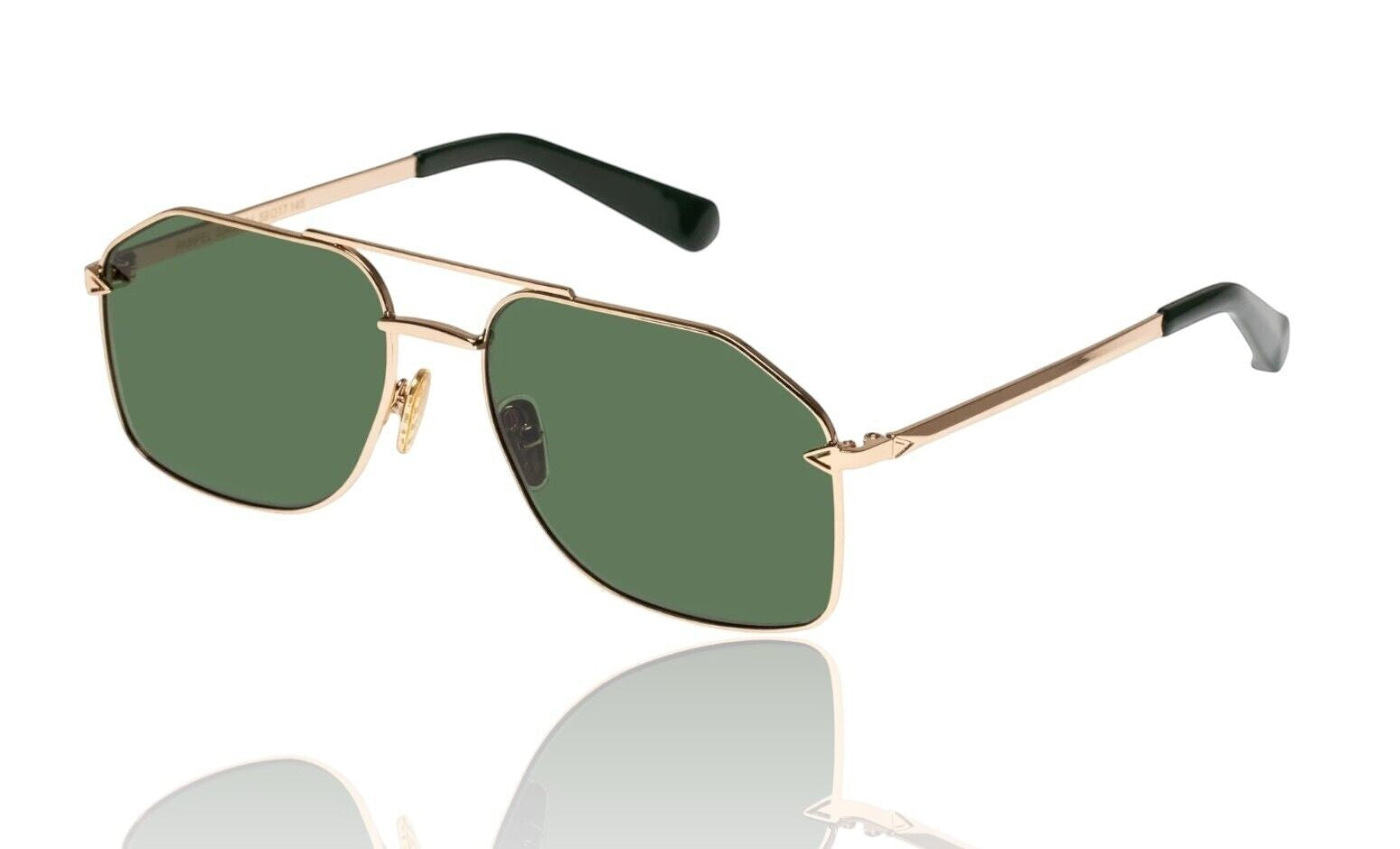 Naked Pear Karen Walker Pampel aviator sunglasses with polished gold frames and vibrant grass-green lenses.
