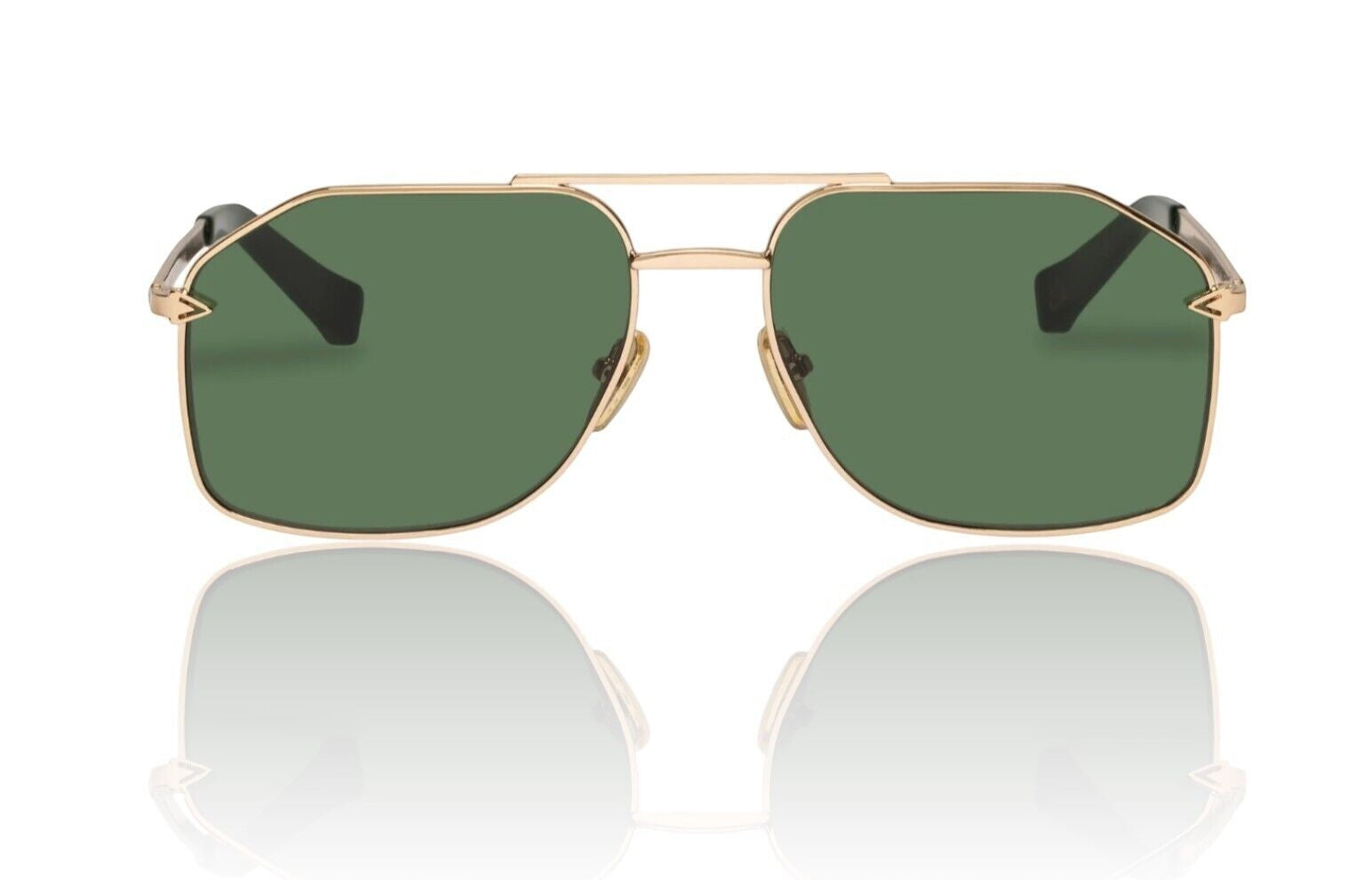 Naked Pear Karen Walker Pampel aviator sunglasses featuring a polished gold metal frame and vibrant grass-green lenses.