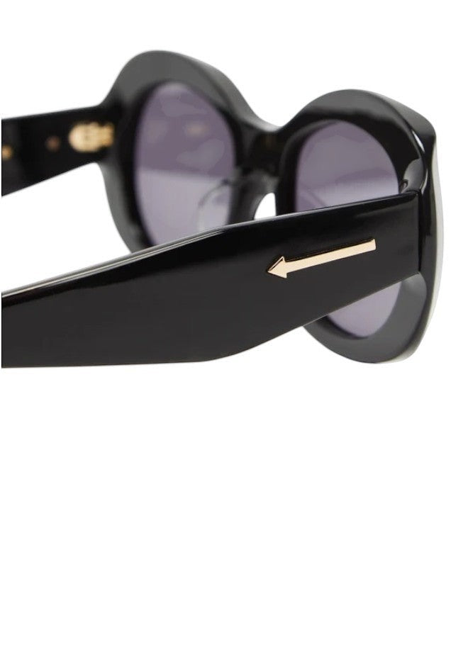 Naked Pear Karen Walker Parlour B oversized black acetate oval sunglasses with signature gold arrow temple detail