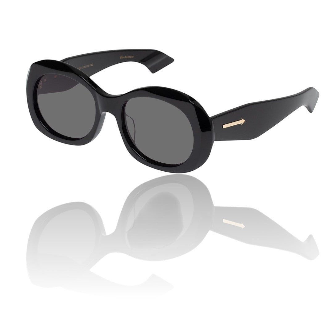 Naked Pear Karen Walker Parlour B oversized black oval acetate sunglasses with smoke lenses and signature arrow detail