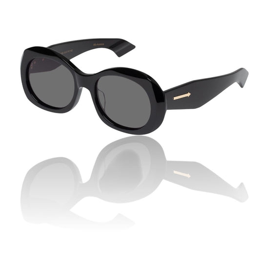 Naked Pear Karen Walker Parlour B oversized black oval acetate sunglasses with smoke lenses and signature arrow detail