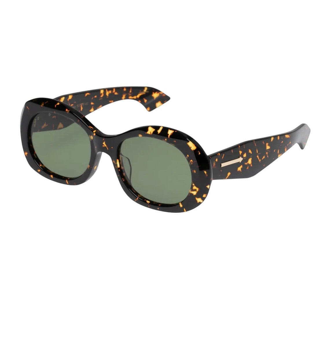Naked Pear Karen Walker Parlour oval sunglasses in cracked tortoise shell acetate with green lenses and arrow detail