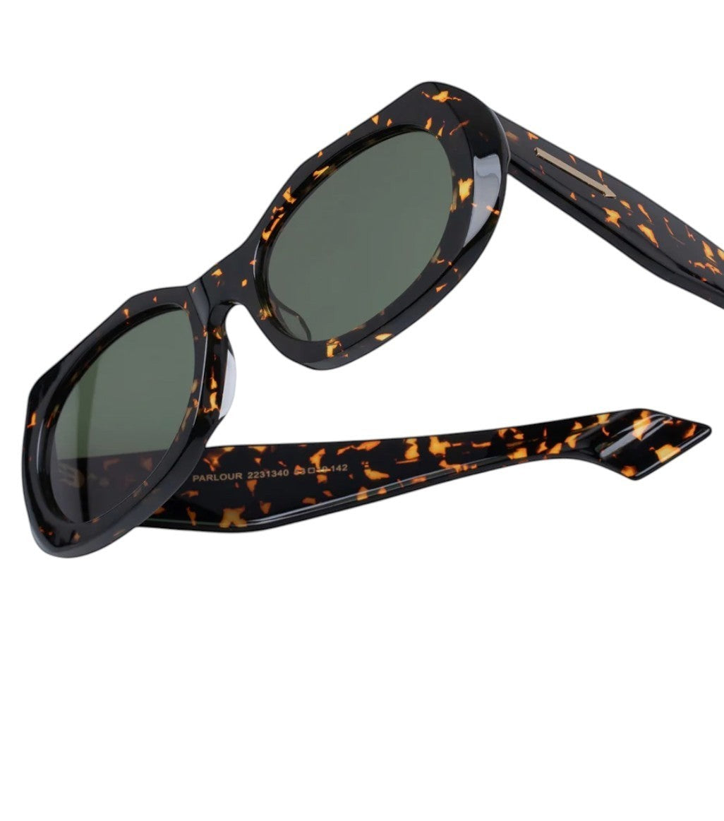 Naked Pear Karen Walker Parlour oval sunglasses in cracked tortoise shell acetate with green lenses and arrow detail