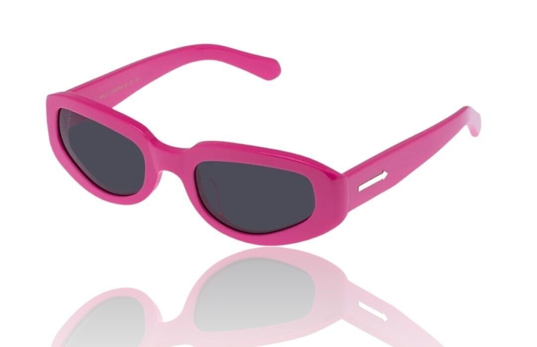 Naked Pear Karen Walker Rally sunglasses in glossy fuchsia pink acetate with grey mono lenses and gold arrow detail.