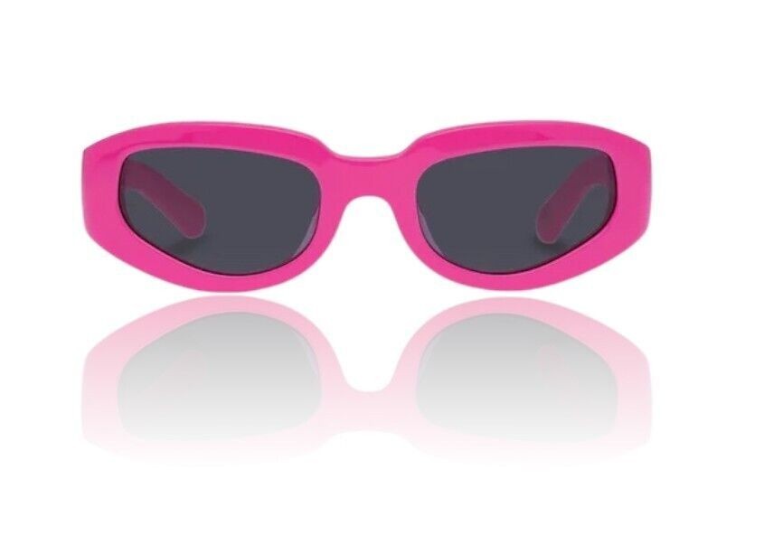 Naked Pear Karen Walker Rally sunglasses in glossy fuchsia pink acetate with smoke grey mono lenses and racer frame.
