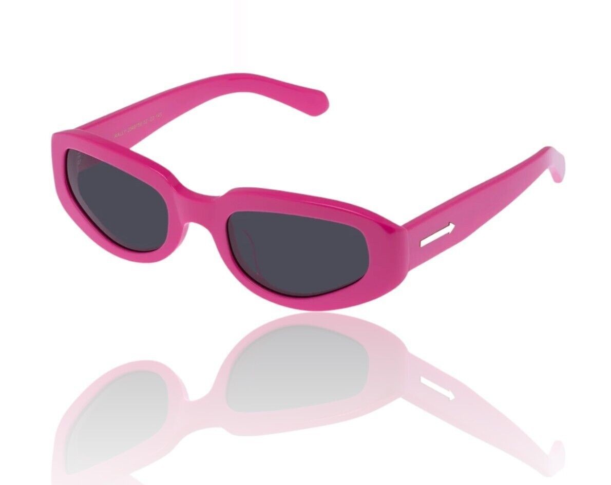 Naked Pear Karen Walker Rally sunglasses in glossy fuchsia pink acetate with grey mono lenses and gold arrow detail.