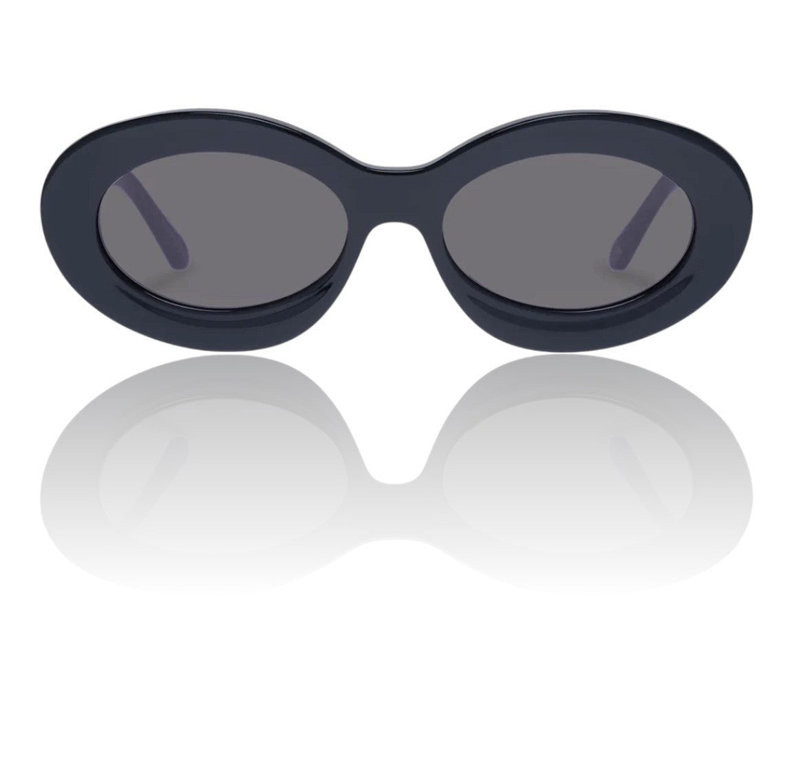 Naked Pear Karen Walker Rapture B oval sunglasses in black bio-acetate with grey mono lenses and gold temple detail.