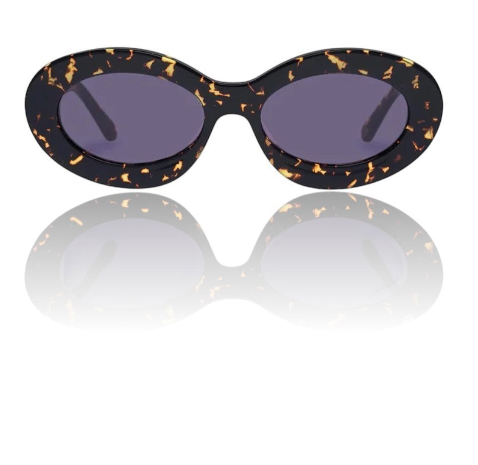 Naked Pear Karen Walker Rapture B oval sunglasses in cracked tortoise shell bio-acetate with grey mono lenses.
