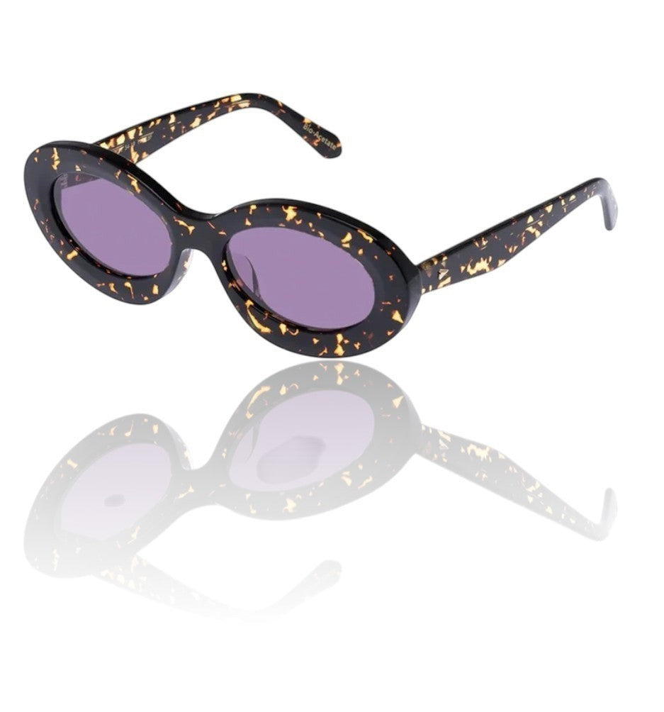 Naked Pear Karen Walker Rapture B oval sunglasses in cracked tortoise shell bio-acetate with grey lenses.