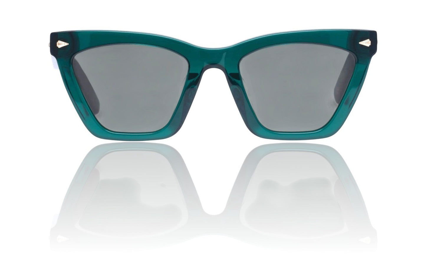Naked Pear Karen Walker Spellbound cat-eye sunglasses in emerald green acetate with gold arrow hardware and green lenses.