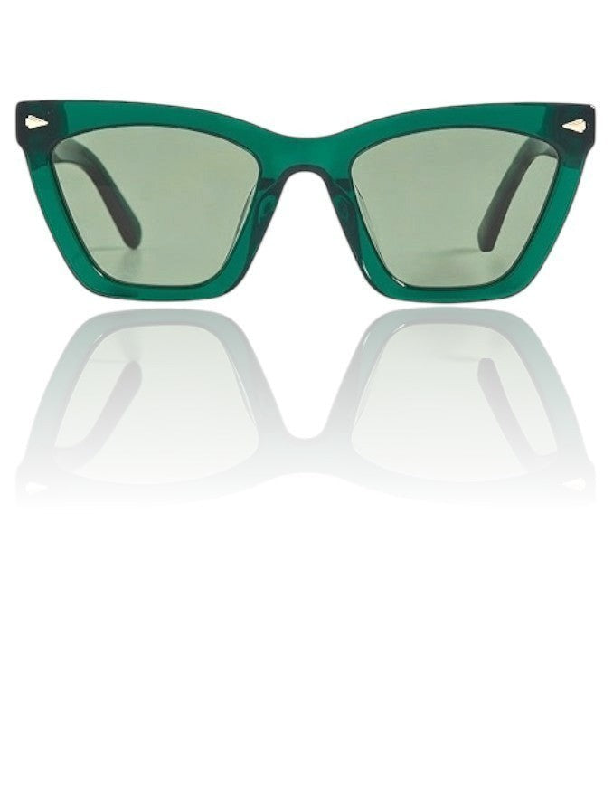 Naked Pear Karen Walker Spellbound emerald green cat-eye acetate sunglasses with gold arrow hardware and green lenses