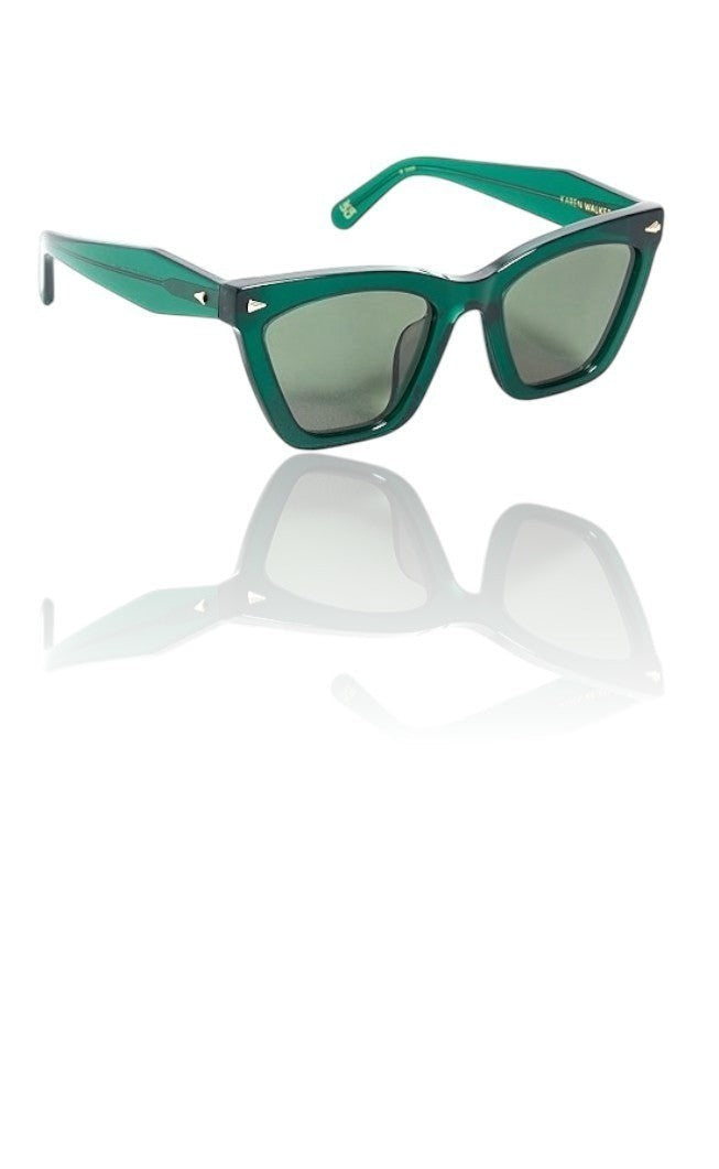 Naked Pear Karen Walker Spellbound emerald green cat-eye acetate sunglasses with gold arrow hardware and green lenses.