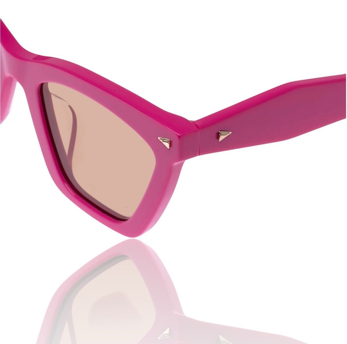 Naked Pear Karen Walker Spellbound cat-eye sunglasses in fuchsia acetate with brown lenses and gold arrow hardware.