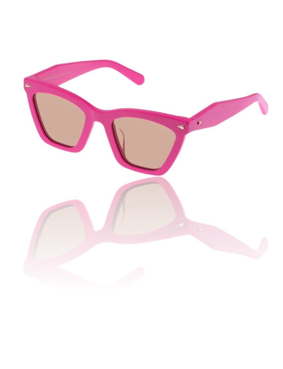 Naked Pear Karen Walker Spellbound fuchsia acetate cat-eye sunglasses with brown lenses and gold arrow hardware.